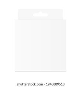 Caja de embalaje en blanco con pestaña colgante. Caja vacía en blanco realista. Diseño de plantilla de mockup. Vista frontal. Paquete de producto minorista. Ilustración del vector