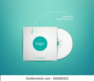 White Packaging CD DVD disc on a turquoise background. Vector illustration of Cardboard CD DVD disc box with shadows. Realistic mock-up with hand-drawn arrow - index.