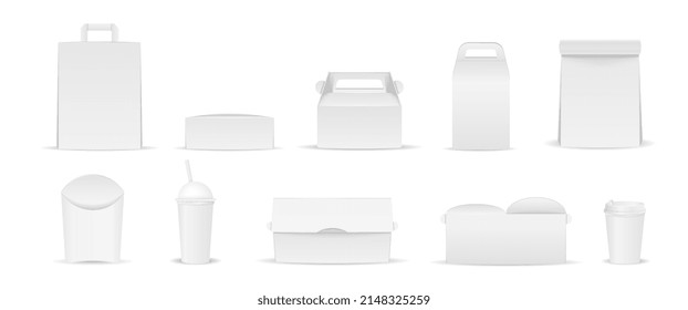 White packaging set. Collection of cardboard bags, containers and packaging for food. Delivery of products to house. Place for logo. Cartoon flat vector illustrations isolated on white background