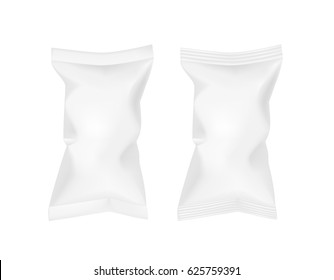White packaging for snacks, food, chips, sugar and spices.