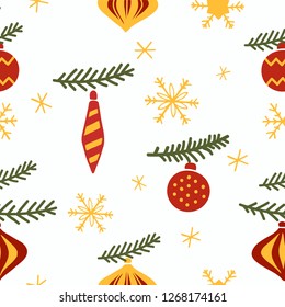White packaging, wrapping paper, textile, wallpaper or scrapbooking paper seamless vector pattern with fir brunches, snowflakes and toys. Traditional red, green and gold colors. 