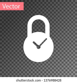 White Padlock with clock icon isolated on transparent background. Time control concept. Lock and countdown, deadline, schedule, planning symbol. Vector Illustration