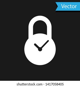 White Padlock with clock icon isolated on black background. Time control concept. Lock and countdown, deadline, schedule, planning symbol. Vector Illustration