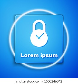 White Padlock with clock icon isolated on blue background. Time control concept. Lock and countdown, deadline, schedule, planning symbol. Blue square button. Vector Illustration