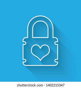 White Padlock with heart line icon isolated with long shadow. Locked Heart. Love symbol and keyhole sign. Vector Illustration