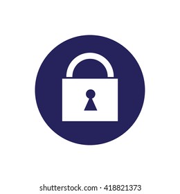 White padlock icon vector. Blue circle. Blue button