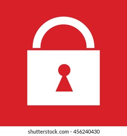 White padlock vector icon. Red background