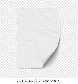 White page curl on empty sheet crumpled  paper. Realistic blank folded page on transparent background. Vector illustration