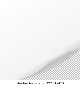 White page curled corner with shadow on transparent background