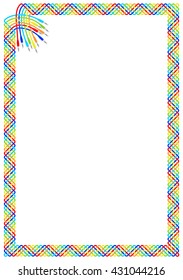White page framed with plait border of colorful interlaced cables and connectors at the upper left corner. Vector pattern ornament around copy space.