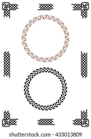 White page ready to be framed with plait borders of custom-length black interlaced stripes, design elements including Celtic knots for the corners, round three-color vignette, footprints
