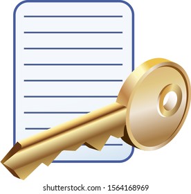 White page with text and a golden key. Text protection with a key.
