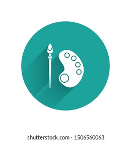 White Paint brush with palette icon isolated with long shadow. Green circle button. Vector Illustration