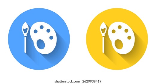White Paint brush with palette icon isolated with long shadow background. Circle button. Vector