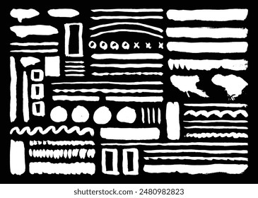 White paint brush strokes element set. Freehand grunge brushes design bundle. Line, abstract, square, circle, and wavy shapes template pack.