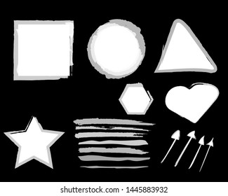 White paint dry brush strokes, brushes, lines. Grungy collection. Dirty design elements. Dry brush star, box, circle, heart, star, smears. Isolated on black background. Freehand bauhaus drawing