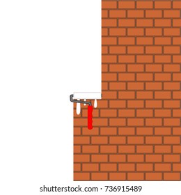 White paint on a brick wall is painted roller. Drops of paint. White background. Place for text, slogan, quote and advertisement. Repair or construction concept. Vector illustration in flat style.