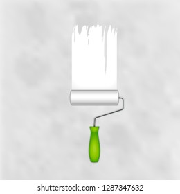 White paint on a dirty wall. Roller brush with white paint. Vector illustration.