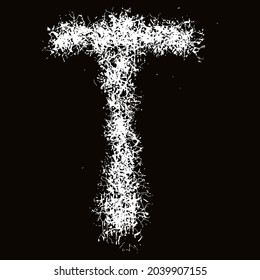 White paint splashes and drops.Decorative letter T.Art font on black background.