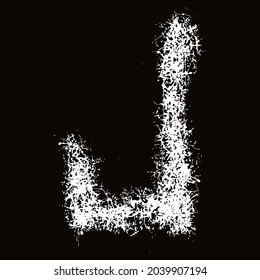White paint splashes and drops.Decorative letter J.Art font on black background.