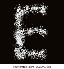 White paint splashes and drops.Decorative letter E.Art font on black background.