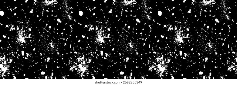 White paint splatter sprinkle seamless pattern. Ink drops and dots on black bg. Vector Halloween horror backdrop. Endless dribble drizzle texture. Halloween wrapping paper. Urban banner template bg