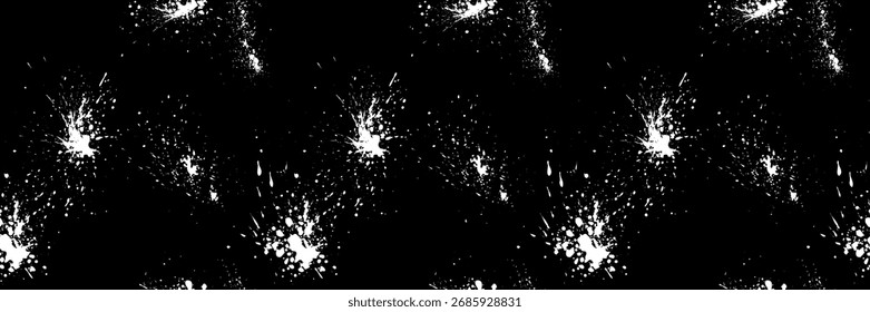 Weiße Farbe Schmutzspritzer bestreuen nahtloses Muster. Tintentropfen und Punkte auf schwarzem Beutel. Vektor Halloween Horror Kulisse. Endlos dribbelnde Nieselregenstruktur. Halloween-Packpapier. Urban-Banner-Vorlage