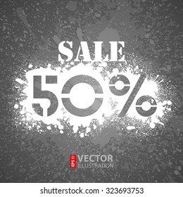 White paint splatter stencil text SALE 50% on dark grey grungy background. RGB EPS 10 vector illustration