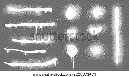 White paint spray brushes, ink splashes and lines with splatters and drips. Stains and strokes with spatter and drops isolated on transparent background, vector grunge set