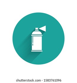 White Paint spray can icon isolated with long shadow background. Green circle button. Vector Illustration