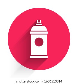 White Paint spray can icon isolated with long shadow. Red circle button. Vector Illustration