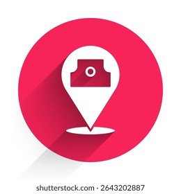 White Paint spray can icon isolated with long shadow. Red circle button. Vector