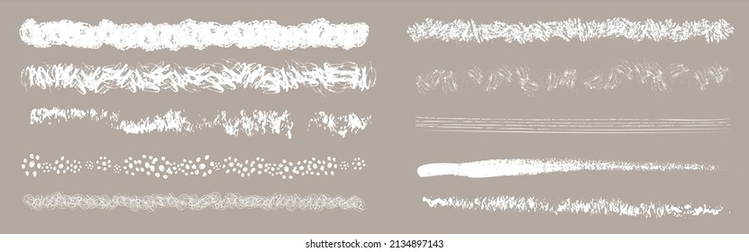 White paint stroke set or brush stripe trace vector illustration. Inky brushstroke grunge texture. Scribble isolated element for fabric print. Handdrawn horizontal acrylic pencil gouache dab