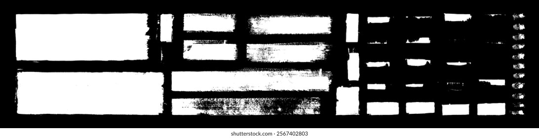 White paint texture vector brush strokes. Grunge design paintbrush lines on black bg. Dry dirty distressed splashes. Chalk textboxes. Rectangular crayon highlight frames. Grungy scratchy frame borders