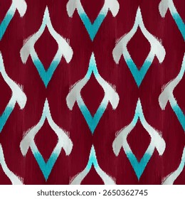 With white painted lines on a dark red background and turquoise accents. grunge lines ikat pattern, ikat seamless pattern, Vector illustration background for print the paper.