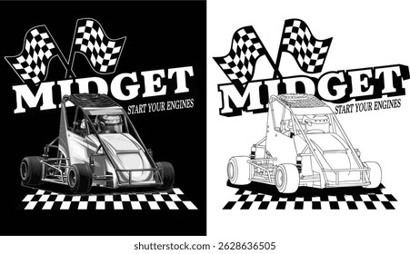Branco e pintado Quarter Midget. Isolado em fundo preto, para design de camisetas, impressão e para fins comerciais.