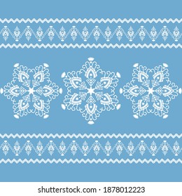 White painted snowflakes on a colored background. Seamless embroidered pattern. Merry Christmas! Winter holiday. Vector illustration for web design or print.