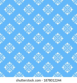 White painted snowflakes on a colored background. Seamless embroidered pattern. Merry Christmas! Winter holiday. Vector illustration for web design or print.