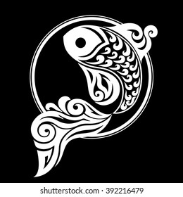 White Painting, Fish In A Circle On A Black Background. Vector Illustration