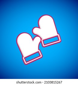 White Pair of knitted christmas mittens icon isolated on blue background. Mitten icon. Merry Christmas and Happy New Year.  Vector