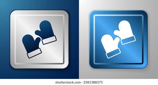 White Pair of knitted christmas mittens icon isolated on blue and grey background. Mitten icon. Merry Christmas and Happy New Year. Silver and blue square button. Vector