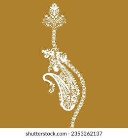 A white paisley design pattern on a brown background