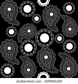 The white paisley pattern on black background. Seamless pattern of Indian cucumber. Oriental pattern of buta.