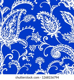 White paisley seamless pattern on blue background, vector illustration, hand drawing. East ornament, buta.