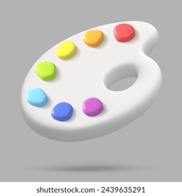 White palette 3d icon with rainbow paint. Creative tools for drawing, painting. Main tool of creative person. Realistic isolated vector illustration for card, party, design, flyer, web, advertising