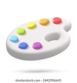 White palette 3d icon with rainbow paint. Creative tools for drawing, painting. Main tool of creative person. Realistic isolated vector illustration for card, party, design, flyer, web, advertising