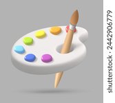 White palette with brash and colors, 3d icon. Creative tools for drawing, painting. Main tool of creative person. Realistic isolated vector illustration for card, design, flyer, web, advertising