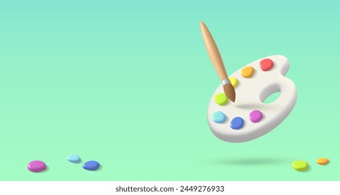 Paleta blanca con pincel y colores, renderizado 3d, pintura. Herramientas creativas para dibujar, pintar. Herramienta principal de la persona creativa. Ilustración vectorial realista para tarjeta, diseño, volante, Web, publicidad