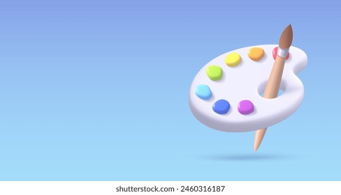 White palette with brash and colors, 3d render, paint. Creative tools for drawing, painting. Main tool of creative person. Realistic vector illustration for card, design, flyer, web, advertising