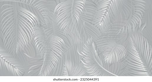 White palm tree leaves on light gray background. Tropical palm leaves, floral pattern vector illustration.